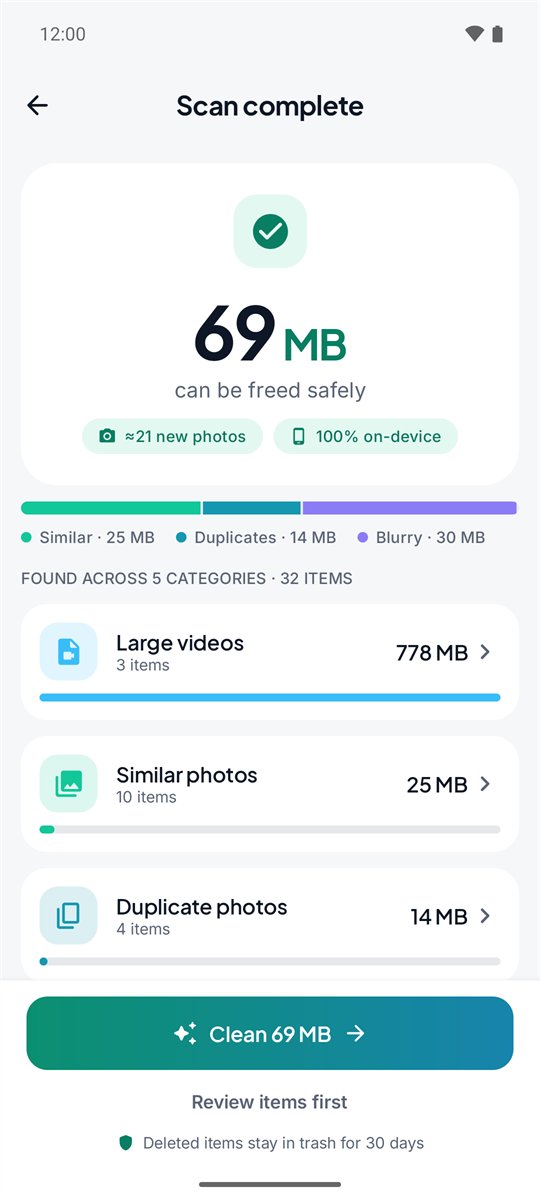 Scan results: 69 MB can be freed safely, grouped by category
